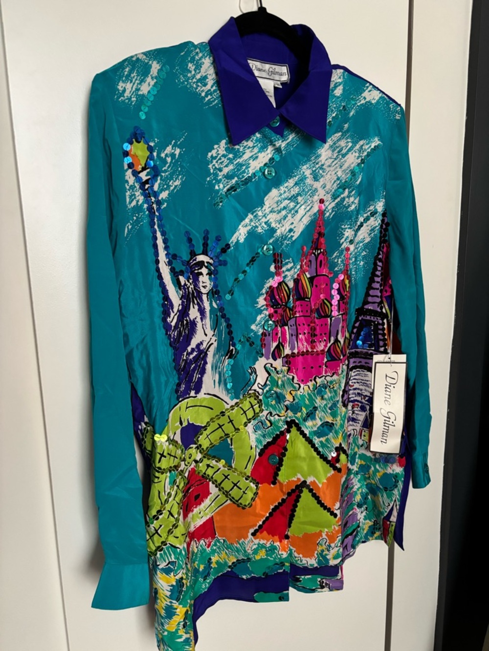 RARE Diane Gilman Girls' Turquoise Graphic Button-Up Shirt